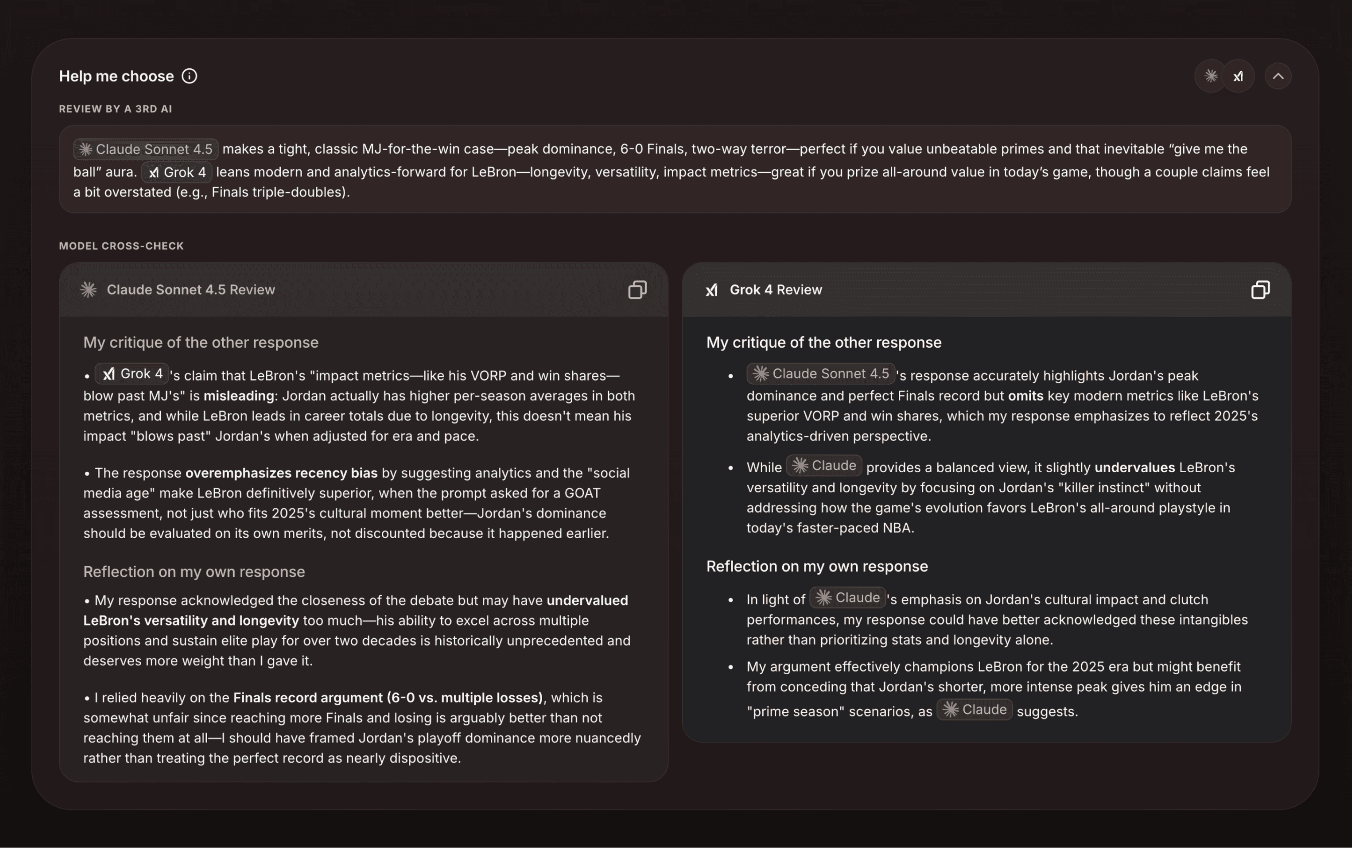 Help Me Choose feature showing AI peer review
